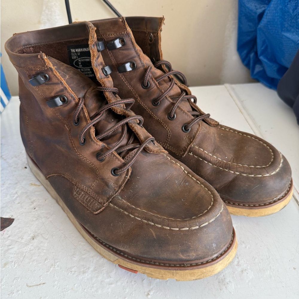 Brown Leather Boots with Moc-Toe and Lace-Up Design